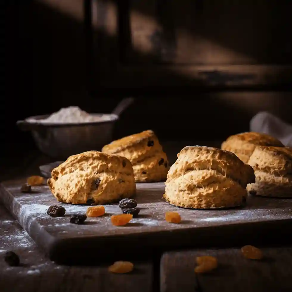 Nygräddade scones med en gyllene yta, serverade med smör och sylt på en rustik träbricka.