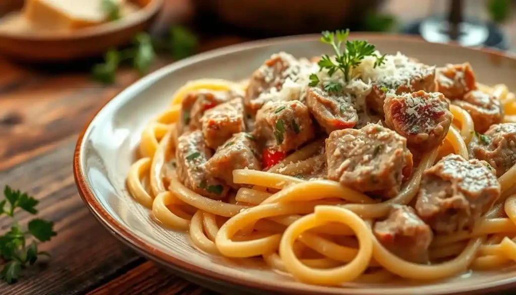 Fläskfilé pasta, en läcker måltid med saftig fläskfilé och krämig pasta.